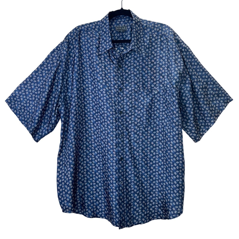 Bogari‎ Y2K Men XL Blue 100% Silk Geometric Print Short Sleeve Button Down Shirt